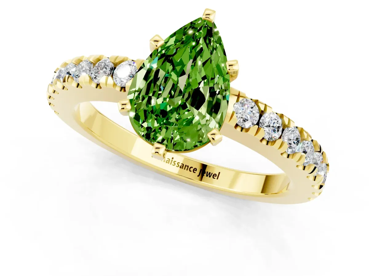 Pear Cut Solitaire Peridot with Pavé Band and Four-Prong Setting Yellow gold