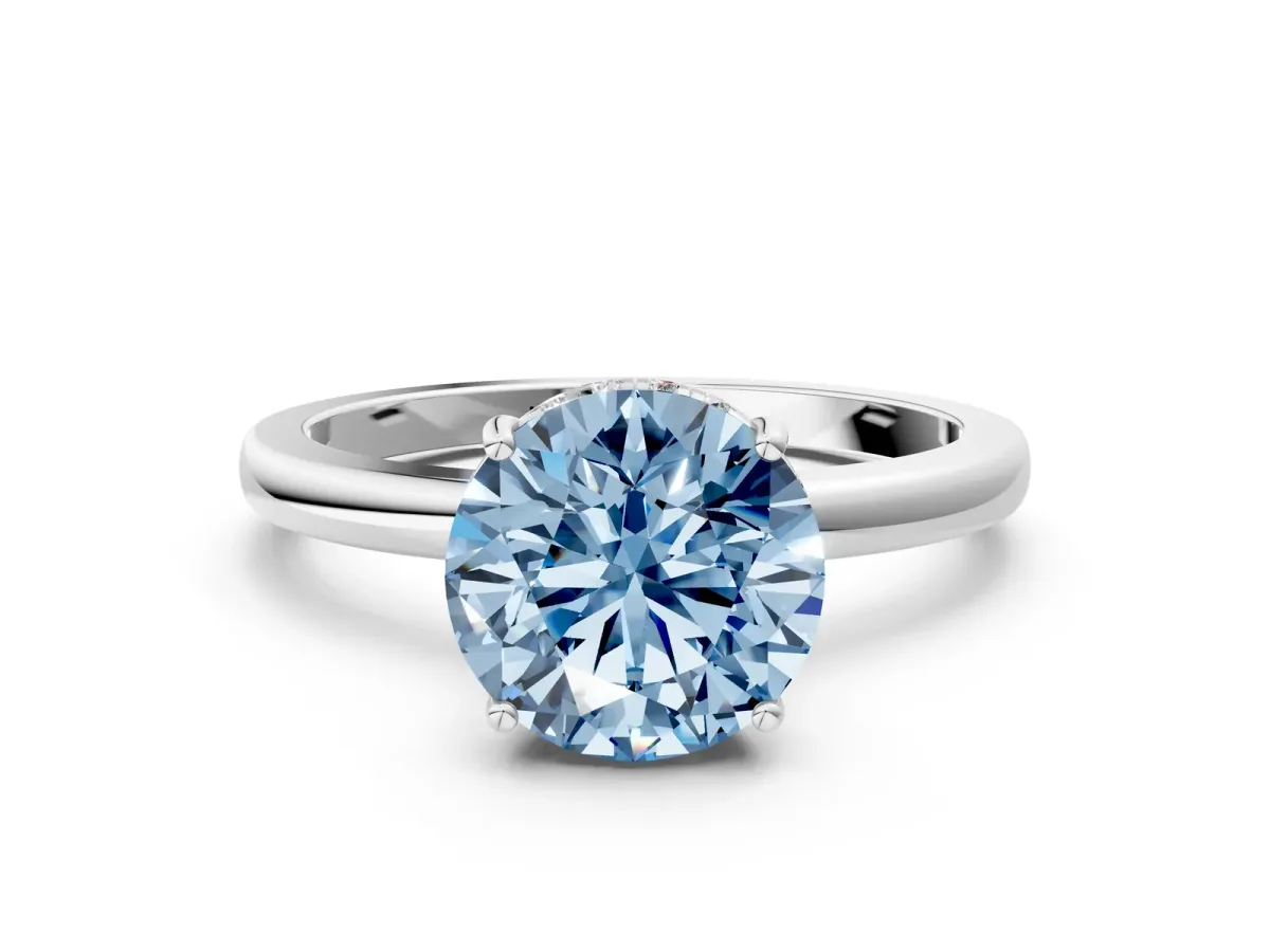 Fancy Blue Round Cut Solitaire Diamond Ring with Prong Setting and Plain Band Platinum