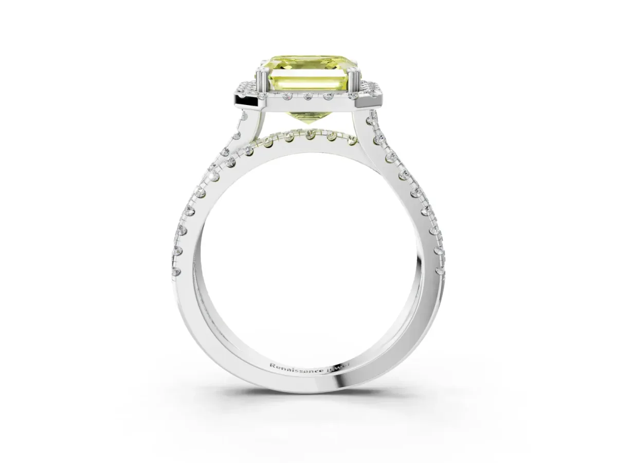 Fancy Yellow Asscher Cut Halo Split Shank Diamond Ring with Pavé Setting Platinum
