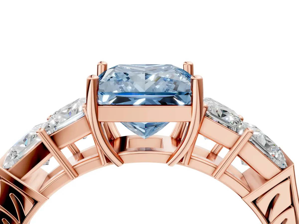 Fancy Blue Princess Cut Solitaire Princess Side Stone Engraved Band Prong Setting Ring Rose gold