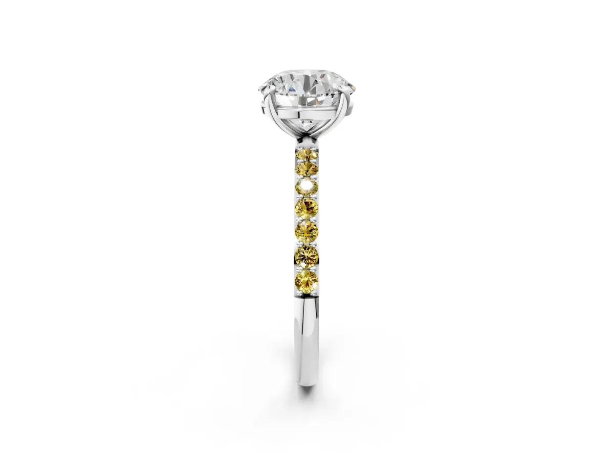 Round Cut Diamond Solitaire Ring with Round Yellow Sapphire Pavé Band and Prong Setting Silver