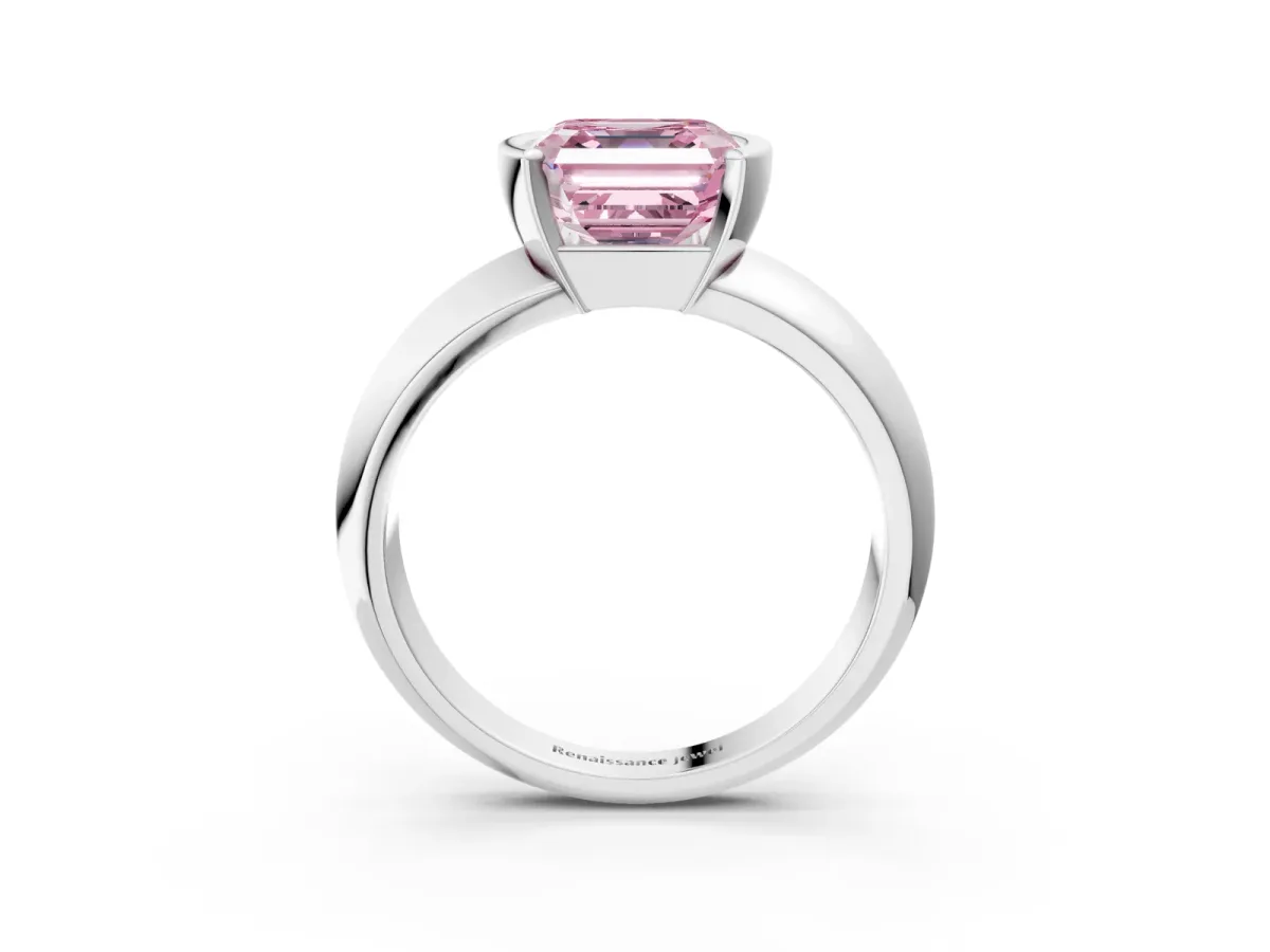 Fancy Pink Asscher Cut Solitaire Tension Set Diamond Ring with Wide Band Platinum