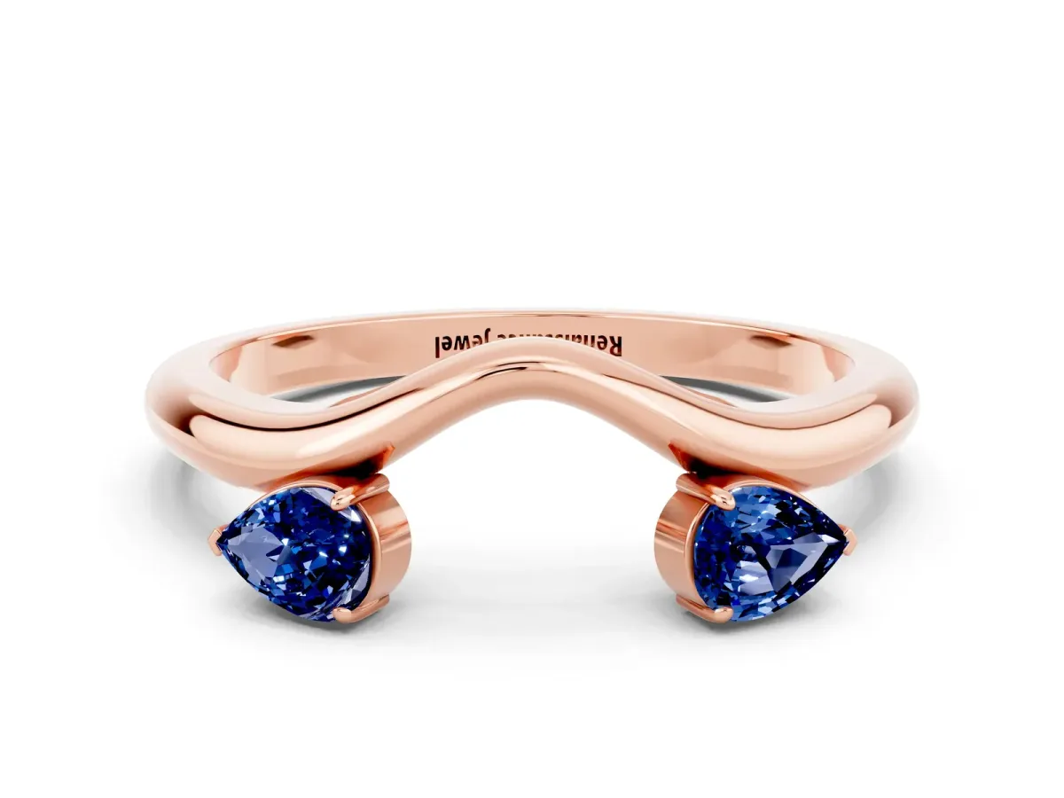 Pear Cut Blue Sapphire Two-Stone Open Band Ring with Prong Setting Rose gold