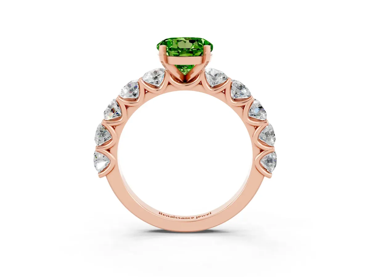 Round Cut Peridot Prong Setting with Side Stones on a Pave Band Rose gold