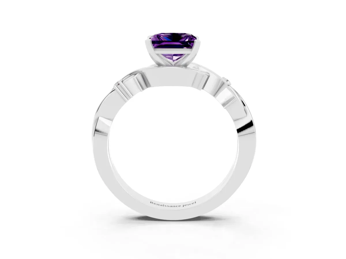 Princess Cut Amethyst Solitaire Ring with Twisted Band and Prong Setting Platinum