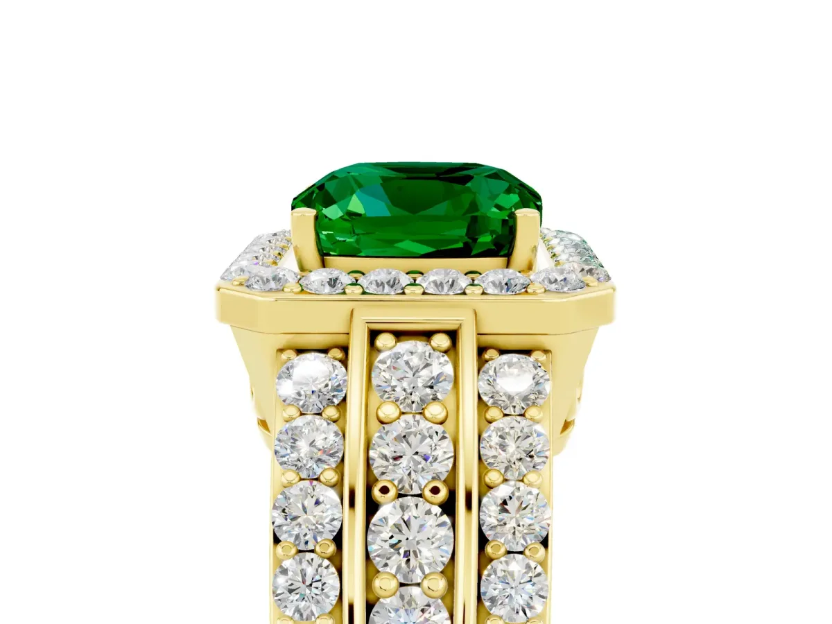 Cushion Cut Halo Emerald Ring with Round Split Shank and Prong Setting Yellow gold