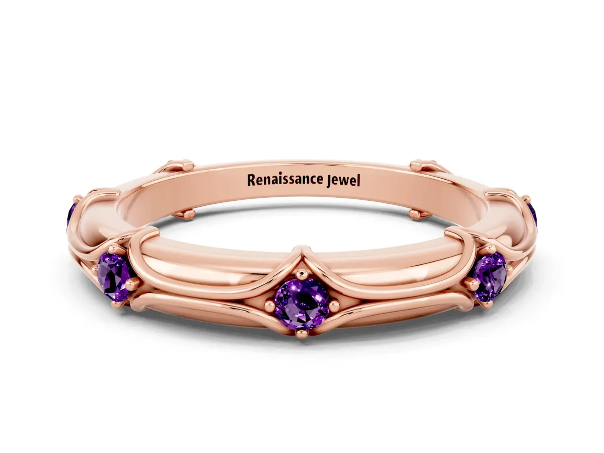 Round Amethyst Prong Set Milgrain Eternity Band Rose gold