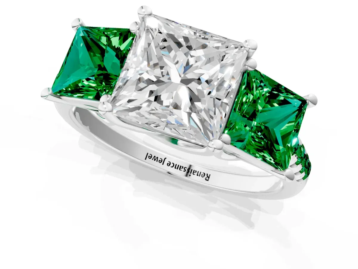 Three-Stone Princess Cut Diamond Ring with Round Emerald Pavé Band and Prong Setting Silver