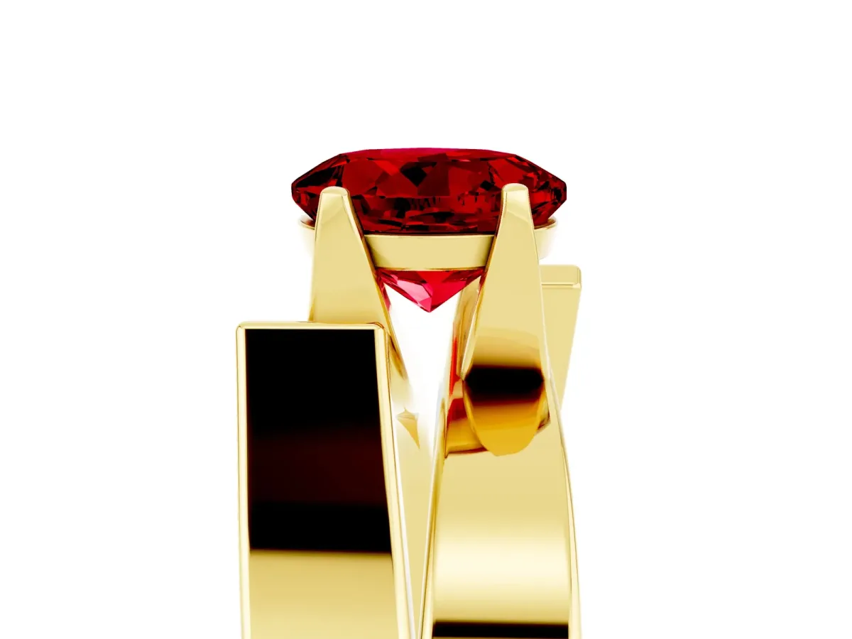 Modern Tension Set Round Cut Ruby Solitaire Wide Band Ring Yellow gold