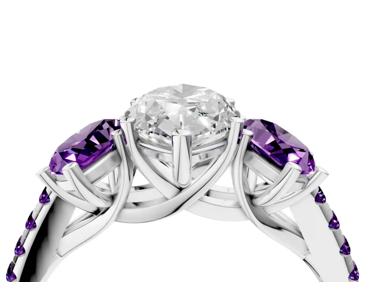 Three-Stone Marquise Cut Diamond Ring with Round Amethyst Pavé Band and Prong Setting Platinum