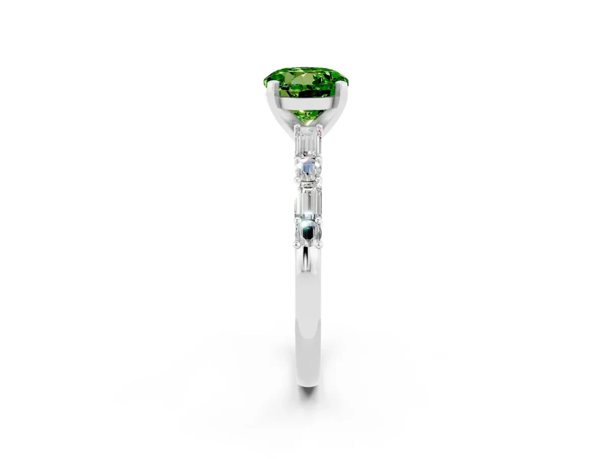 Round Cut Peridot Solitaire with Side Baguettes and Channel Set Band Platinum