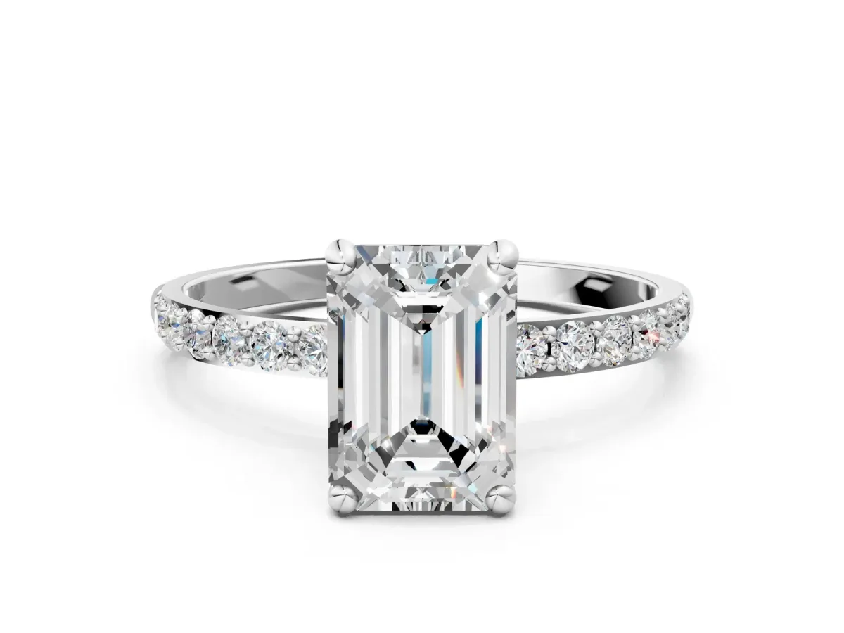 Emerald Cut Diamond Solitaire Ring with Round Moissanite Pavé Band and Prong Setting Silver
