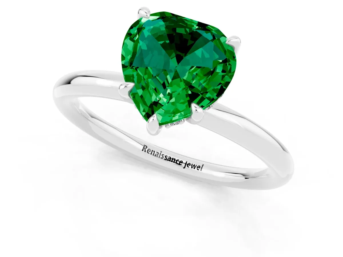 Heart Cut Emerald Solitaire Ring with Thin Band and Four-Prong Setting White gold