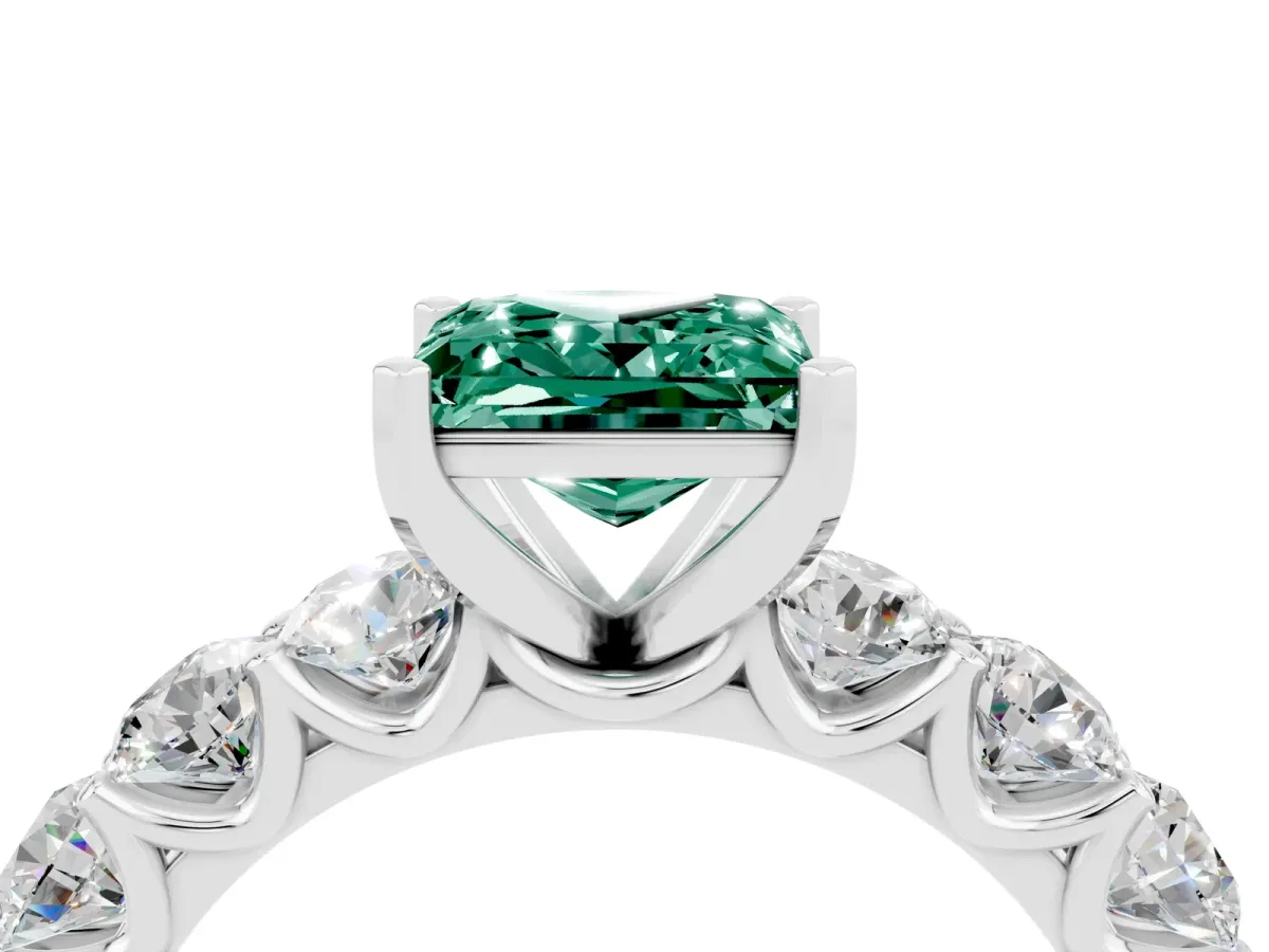 Princess Cut Green Sapphire Prong Setting with Side Stones on a Pave Band Silver