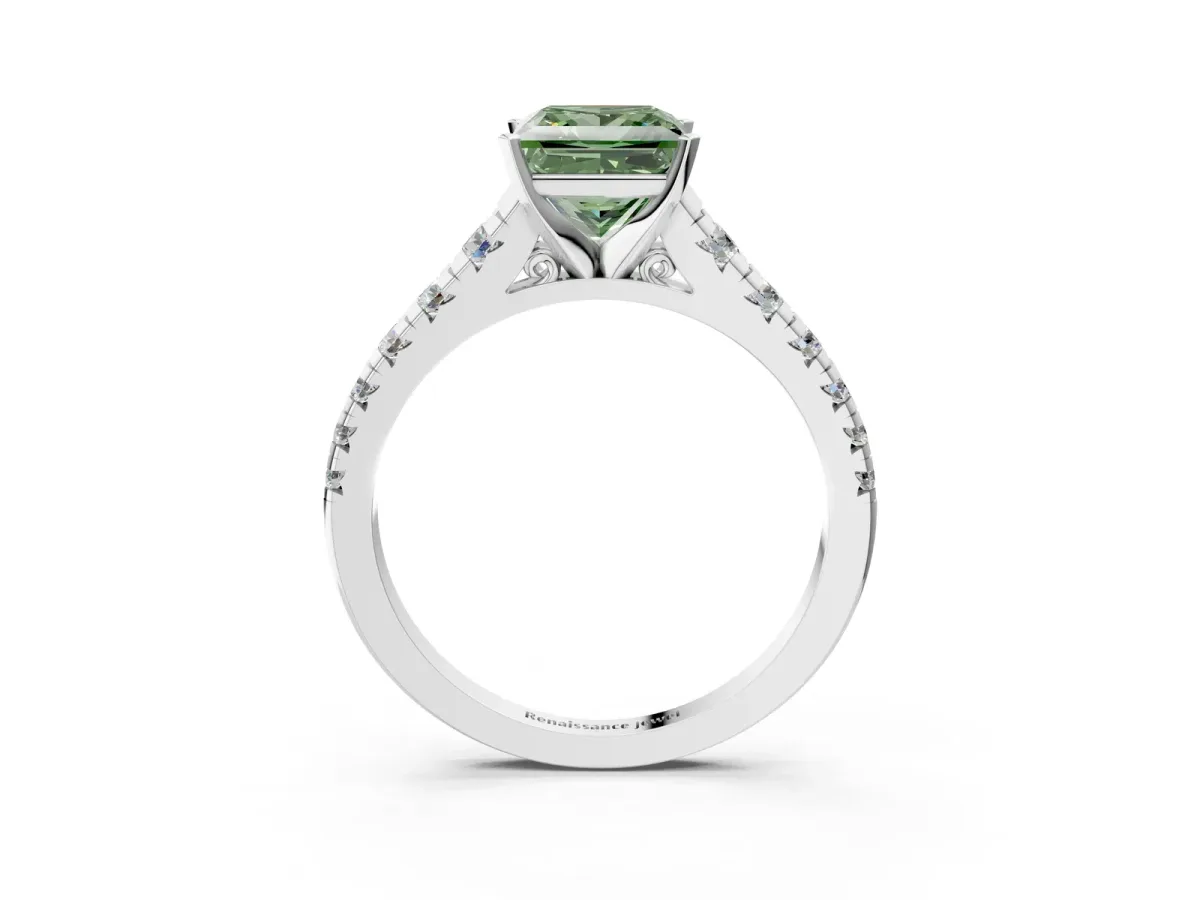 Fancy Green Princess Cut Diamond Cathedral Solitaire Ring with Round Pavé Band Silver