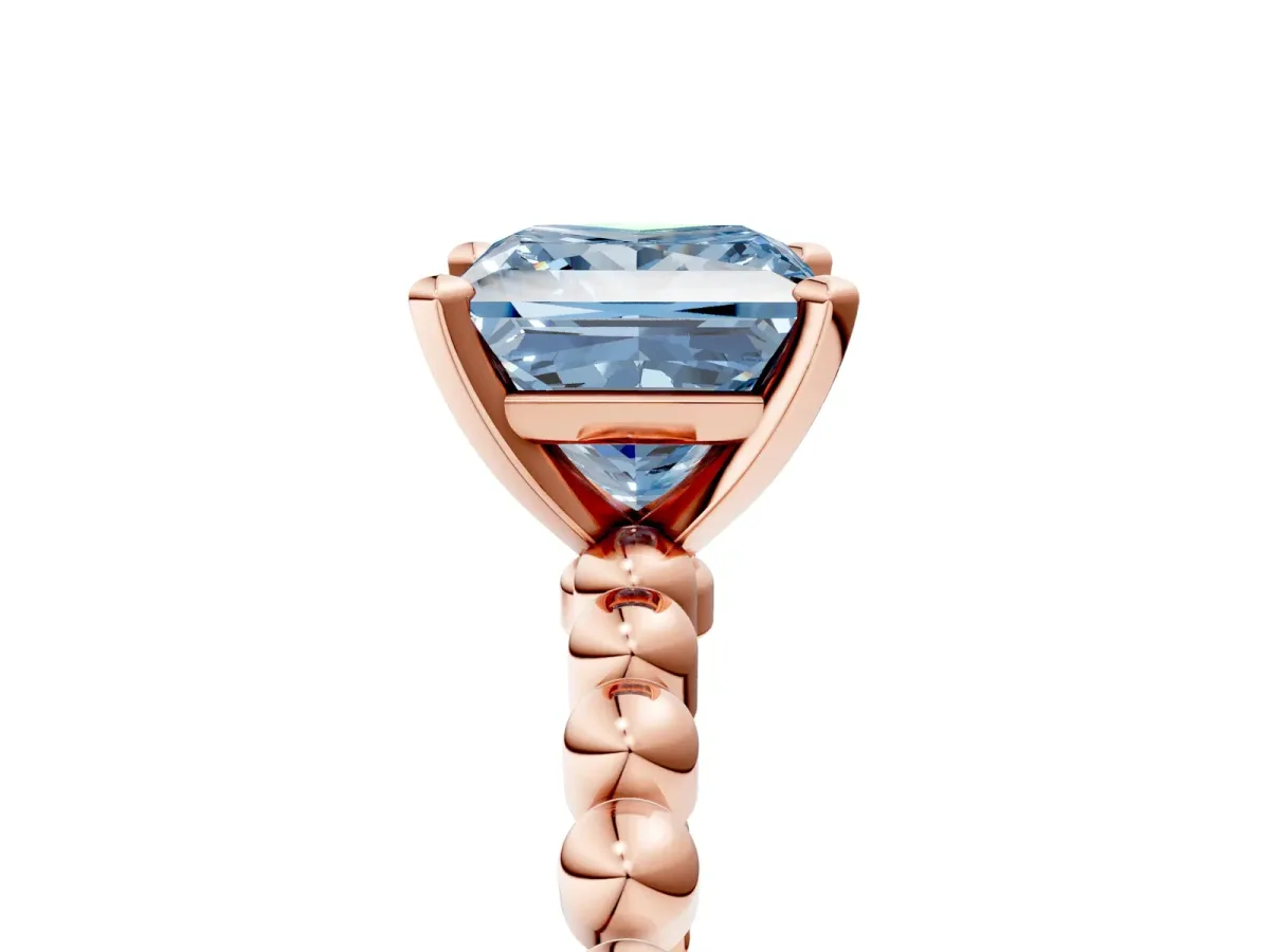Fancy Blue Princess Cut Diamond Solitaire Ring with Beaded Band and Prong Setting Rose gold
