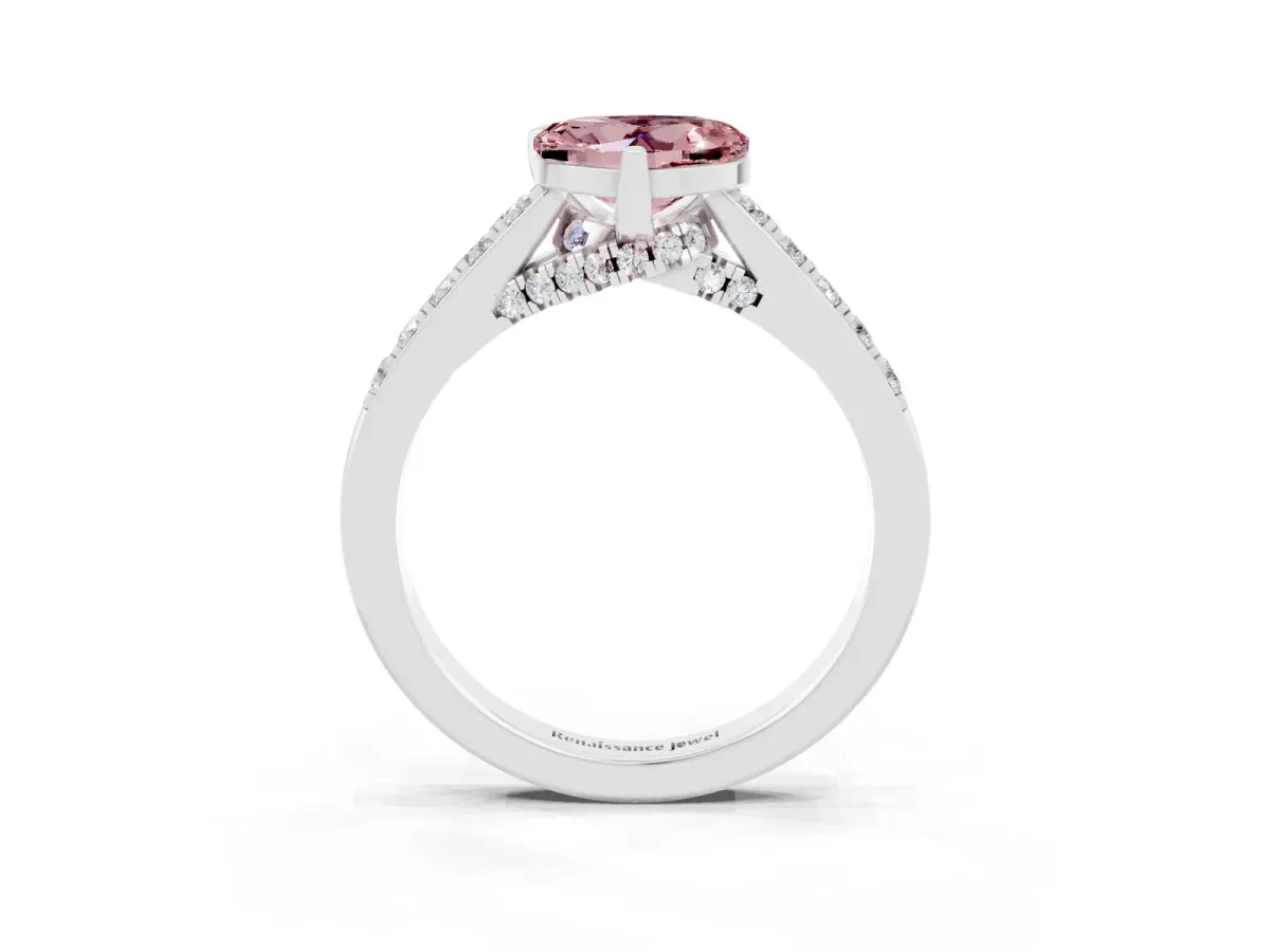 Heart Cut Morganite Solitaire Ring with Crossover Gallery and Round Pavé Band Silver