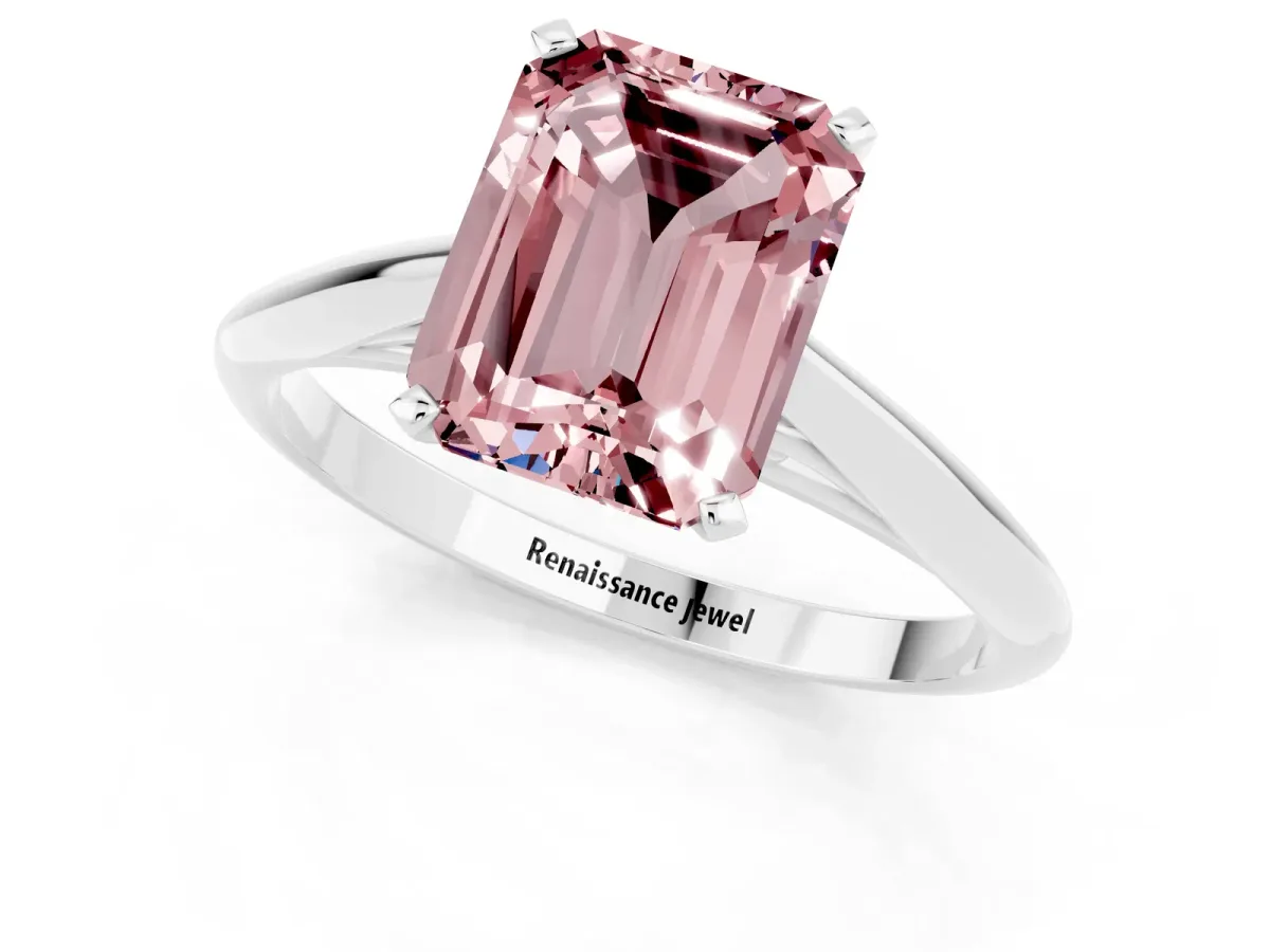 Emerald Cut Morganite Solitaire Engagement Ring with Cathedral Setting and Four-Prong Mount White gold