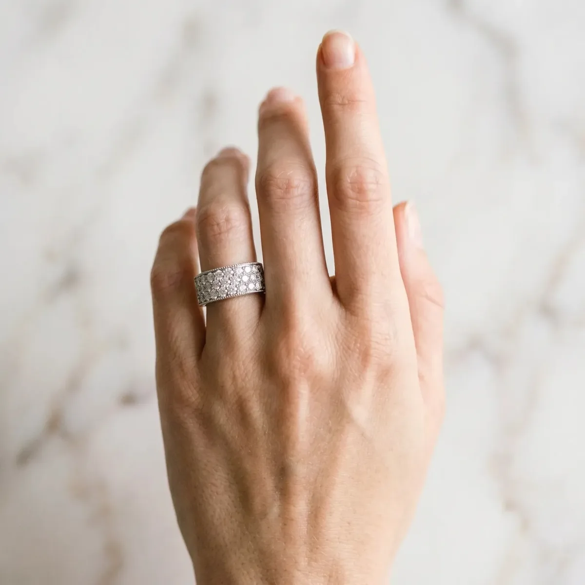 Pavé Round Diamond Wide Band with Milgrain Edge Platinum