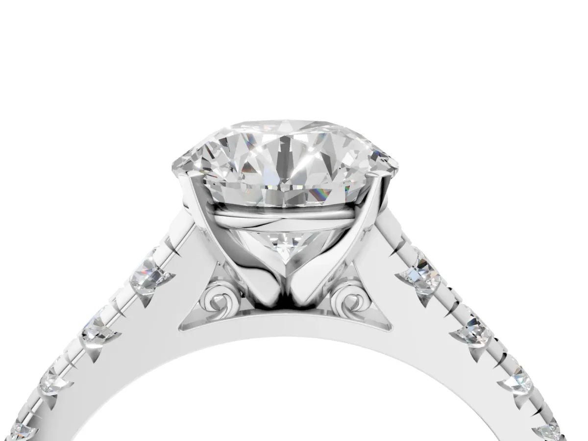 Round Cut Diamond Cathedral Solitaire Ring with Round Moissanite Pavé Band Silver