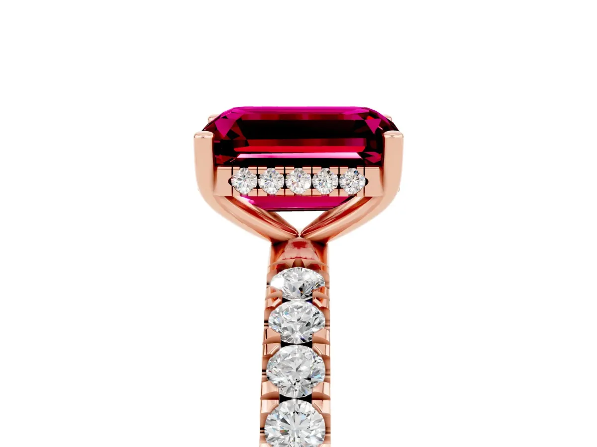 Emerald Cut Garnet Pave Band Solitaire Ring with Round and Prong Setting Rose gold