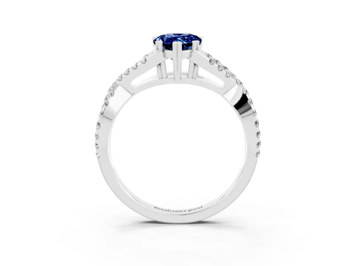 Pear Cut Blue Sapphire Solitaire Ring with Four-Prong Setting and Twisted Pavé Band Platinum