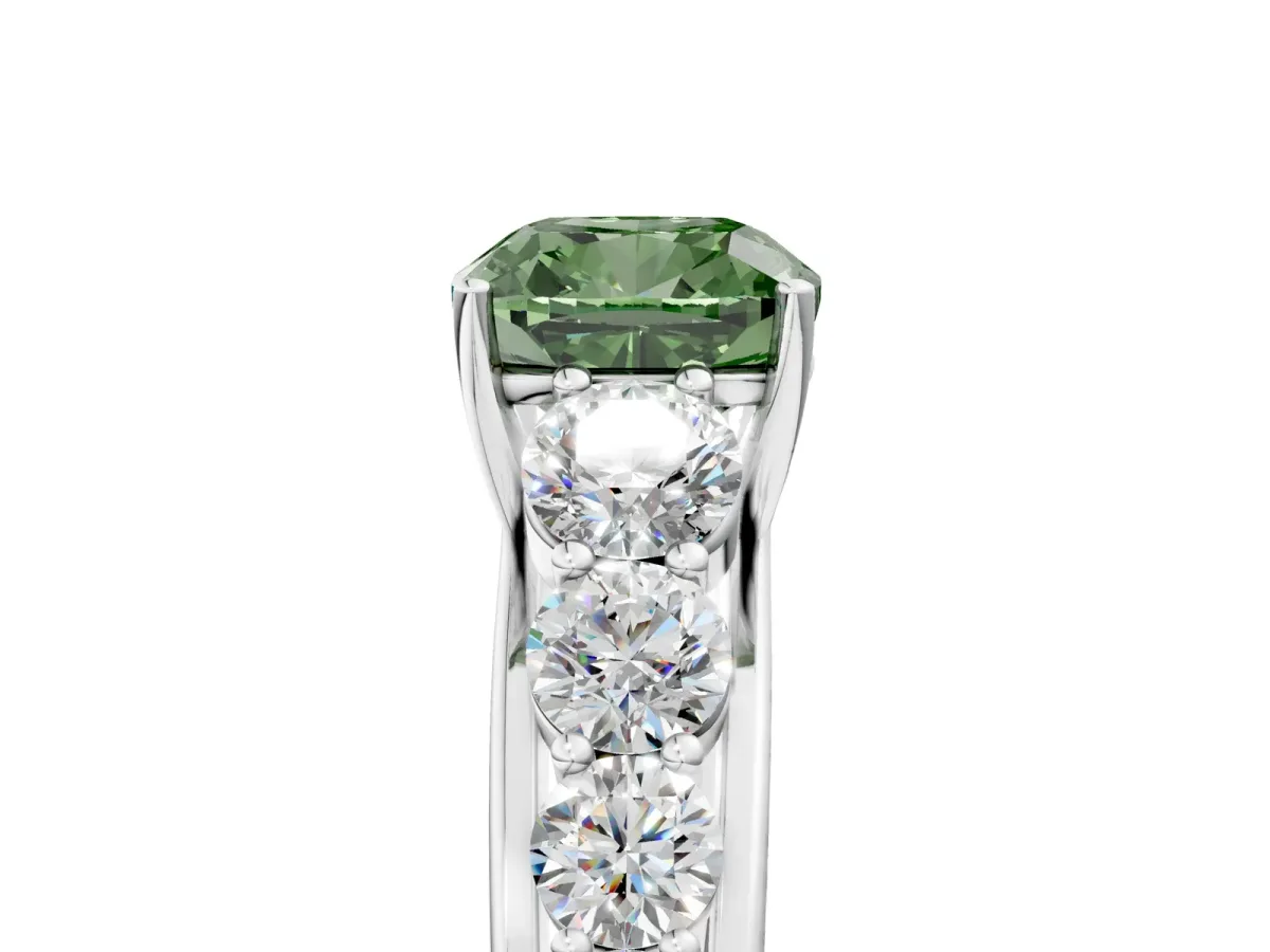 Fancy Green Cushion Cut Brilliant Diamond Pavé Band with Six-Prong Setting Silver