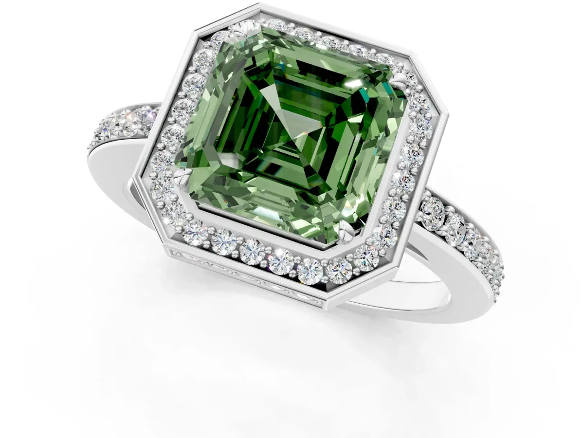 Fancy Green Asscher Cut Halo Pave Band Solitaire Ring with Prong Setting Platinum