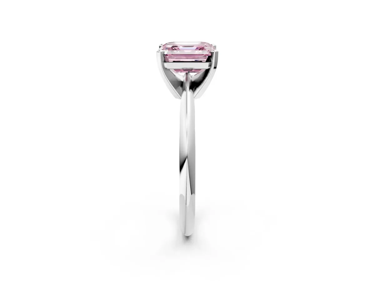 Fancy Pink Asscher Cut Cut Solitaire Ring with Four-Prong Setting on a Classic Band Platinum