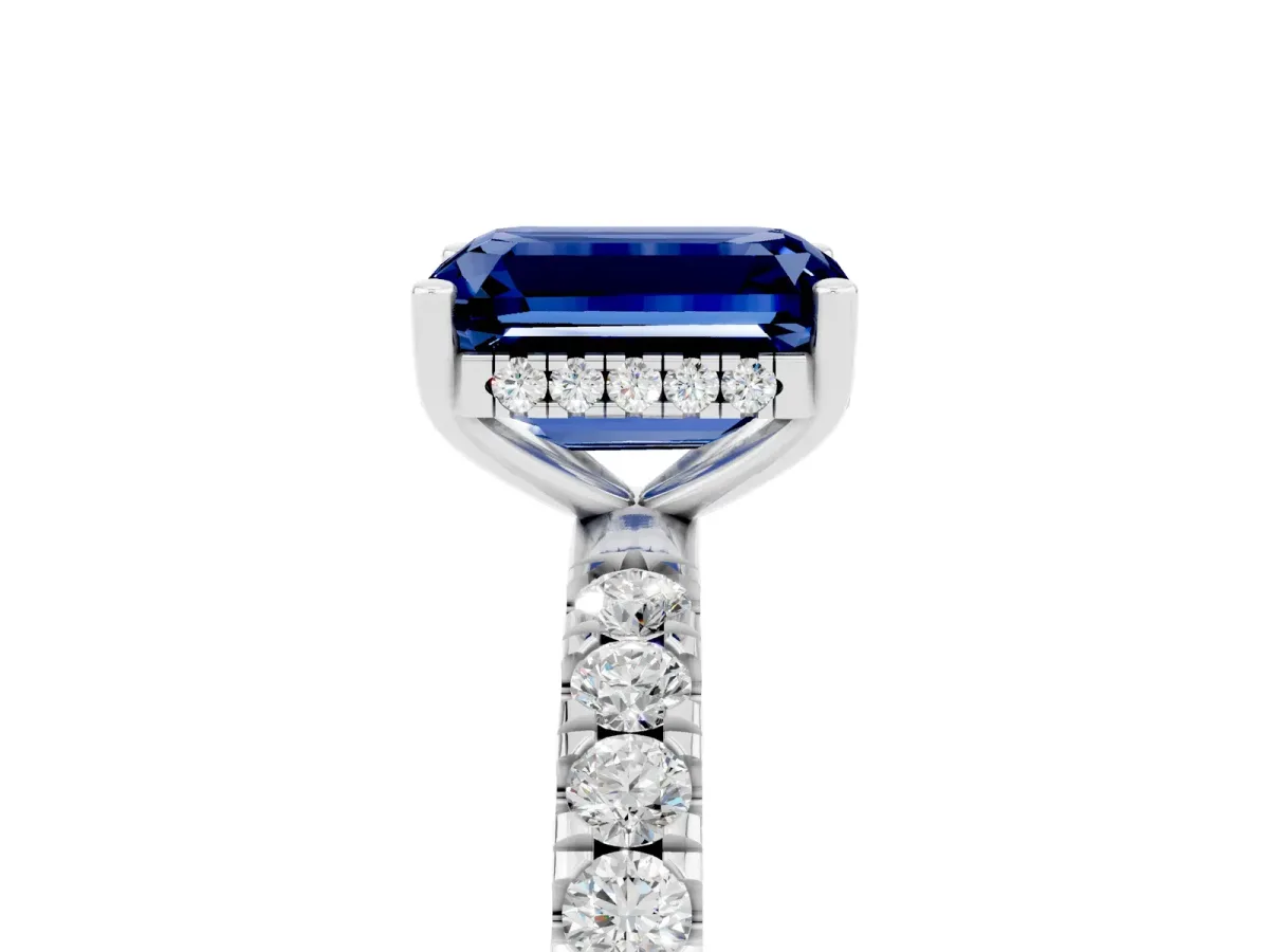Emerald Cut Blue Sapphire Pave Band Solitaire Ring with Round and Prong Setting Silver
