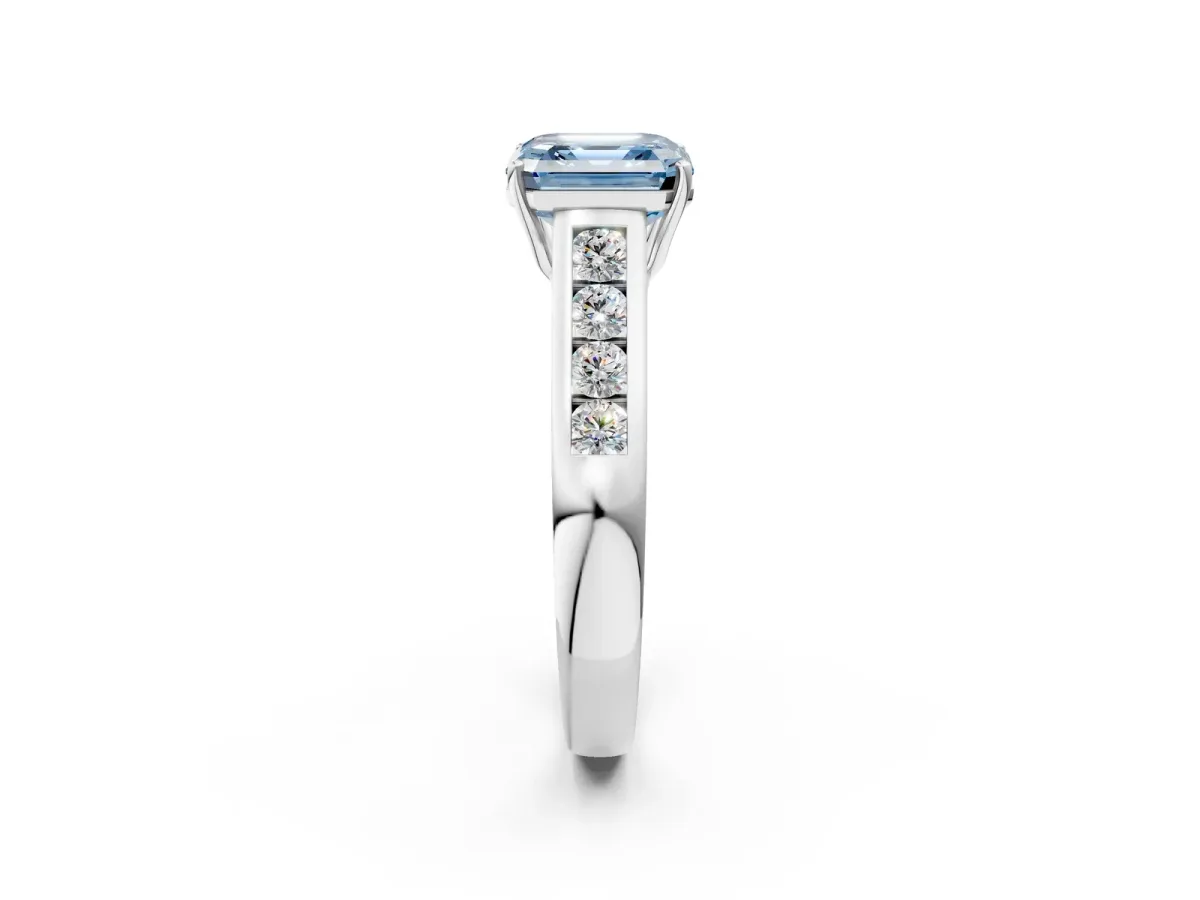 Fancy Blue Asscher Cut Solitaire Channel-Set Diamond Engagement Ring with Four-Prong Setting Platinum