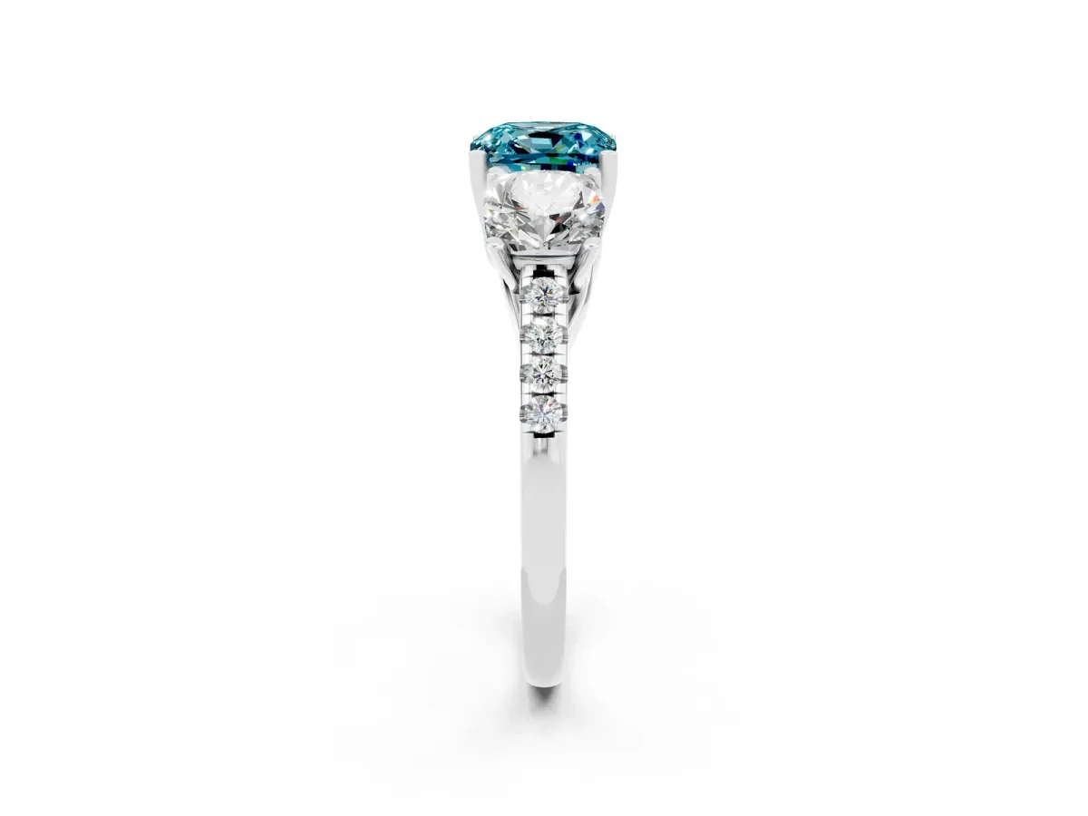 Three-Stone Cushion Cut Blue Topaz Ring with Round Pavé Band and Prong Setting Silver