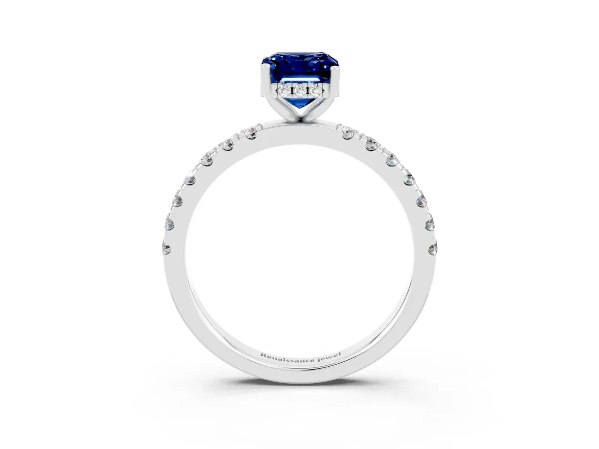 Emerald Cut Blue Sapphire Pave Band Solitaire Ring with Round and Prong Setting Silver