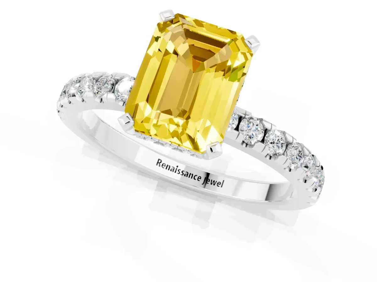 Emerald Cut Yellow Sapphire Solitaire Ring with Round Pavé Band and Four-Prong Setting Silver