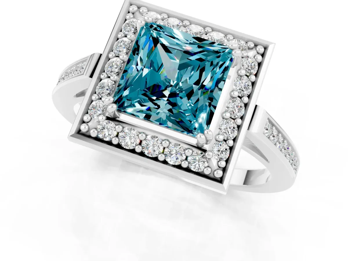 Princess Cut Blue Topaz Halo Ring with Split Shank and Four-Prong Setting Platinum