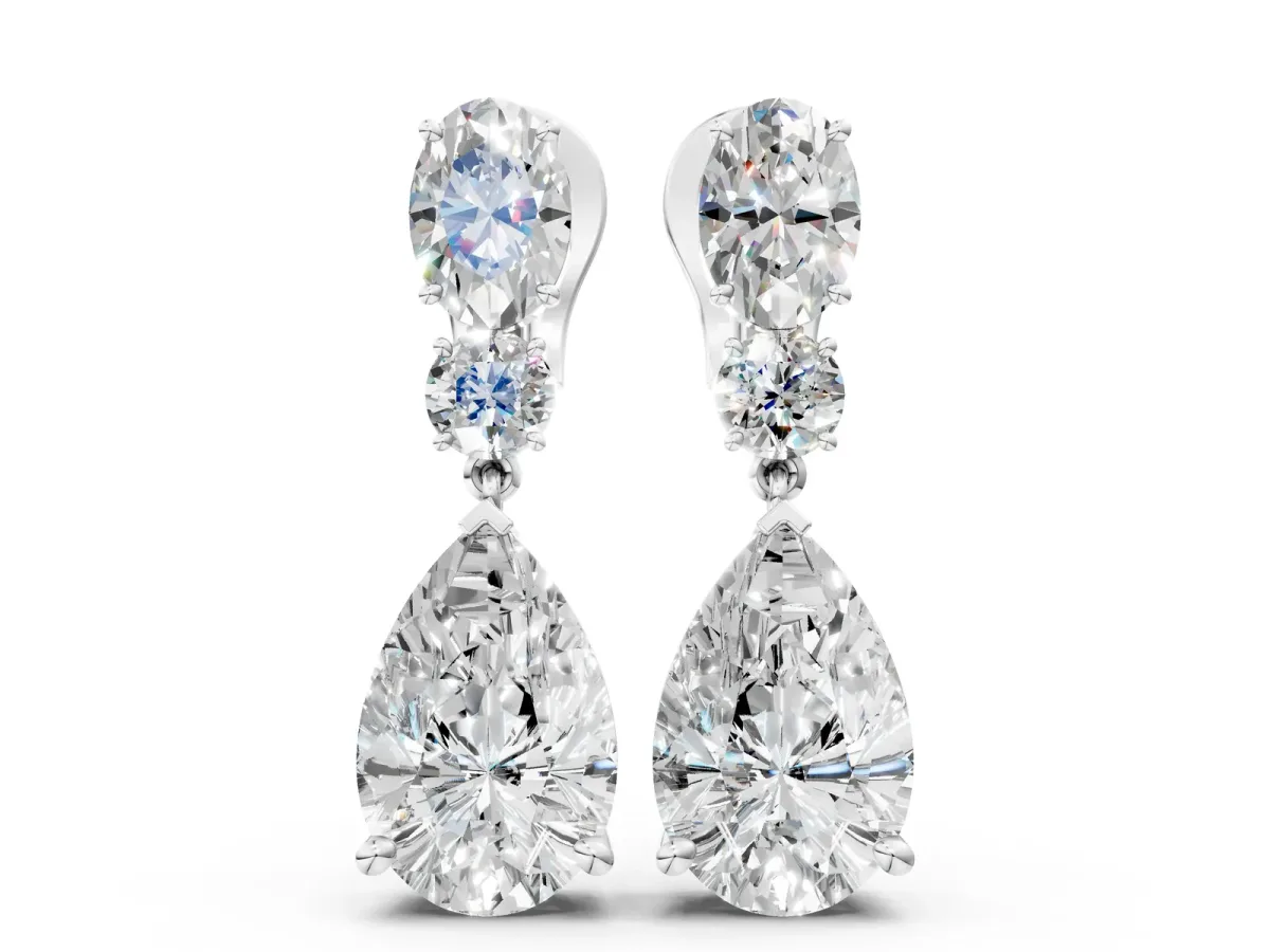 Oval, Round and Pear Diamond Huggie Drop Earrings White gold