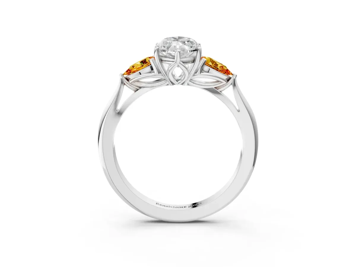 Marquise Cut Diamond Three-Stone Ring with Pear Citrine Side Stones and Prong Setting Silver