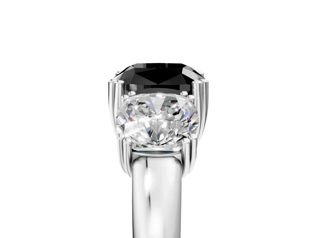 Fancy Black Three-Stone Cushion Cut Cut Diamond Ring with Channel Set Band and Four-Prong Setting Silver