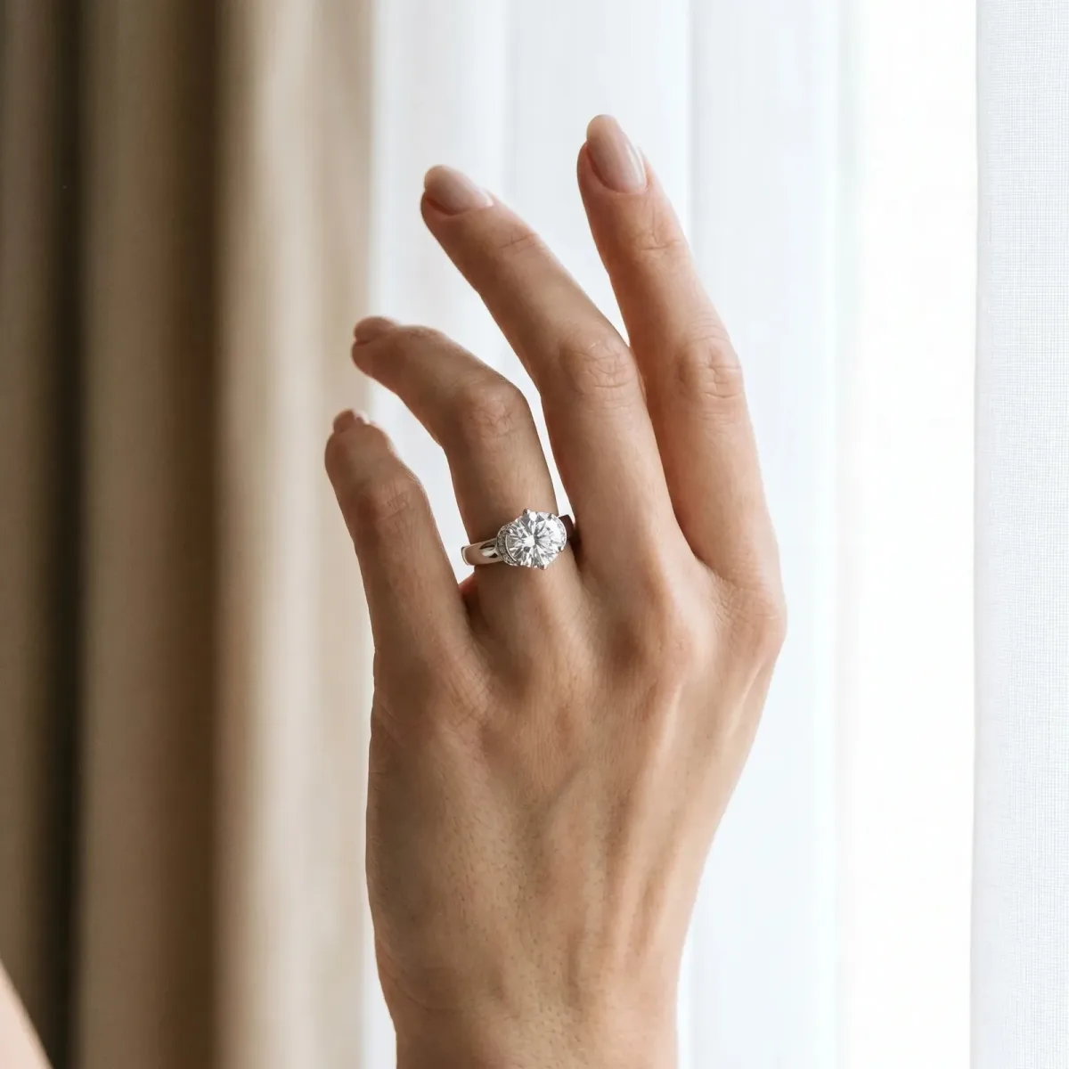 Round Cut Solitaire Diamond Ring with Pave Band and Six-Prong Setting Silver