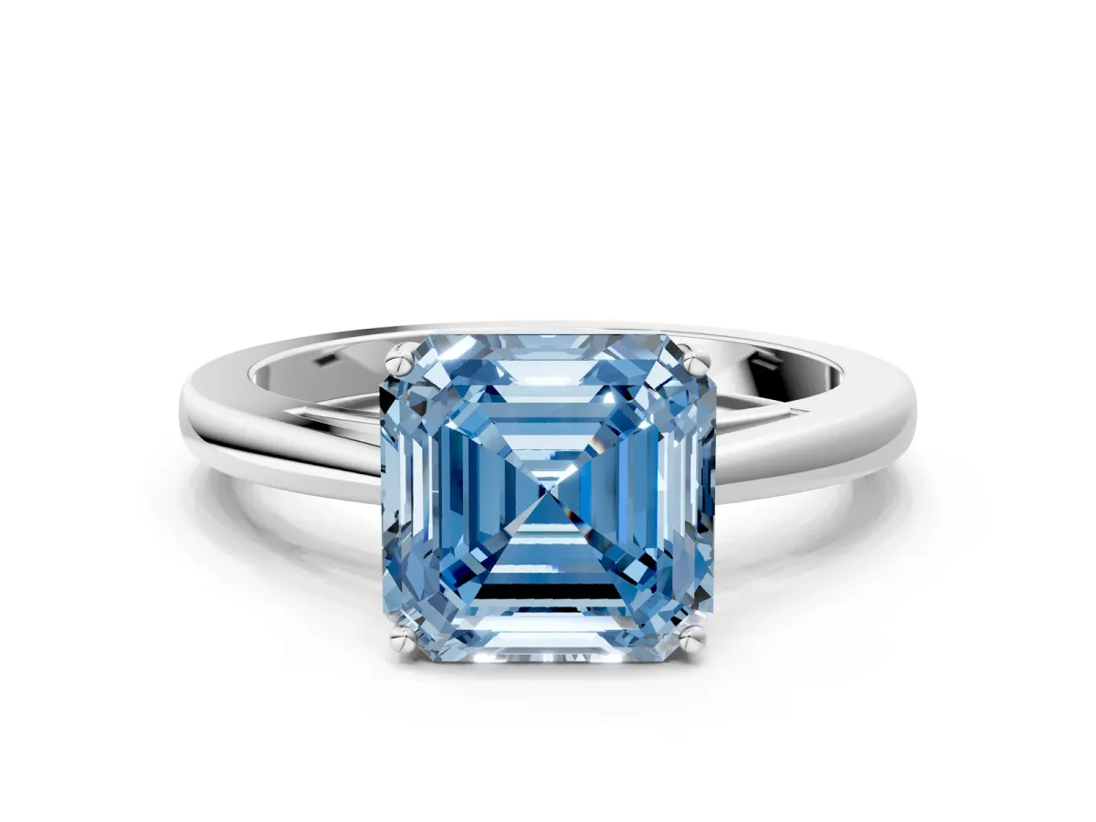 Fancy Blue Asscher Cut Solitaire Diamond Ring with Split Shank and Four-Prong Setting Platinum