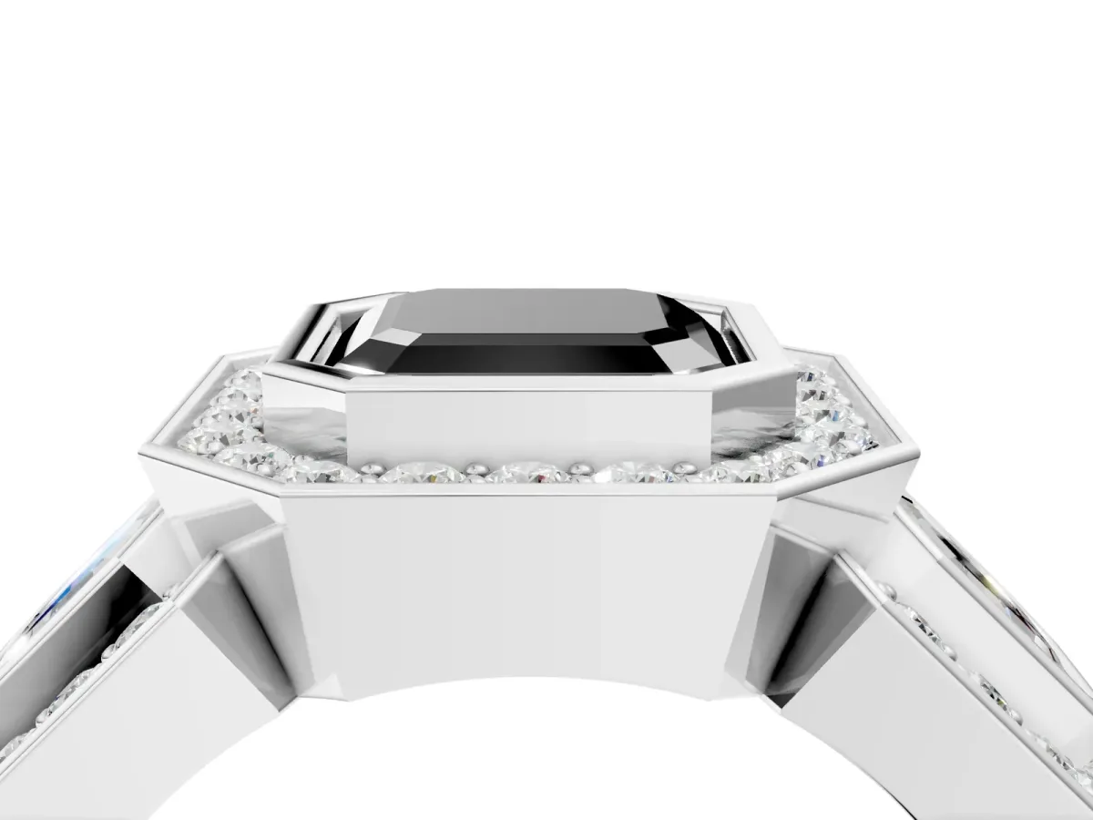 Fancy Black Three-Stone Asscher Cut Halo Pavé Diamond Ring Platinum