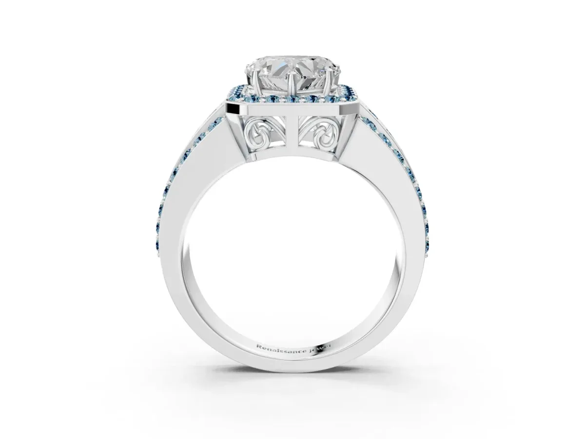 Heart Cut Halo Diamond Ring with Round Aquamarine Split Shank and Prong Setting Silver