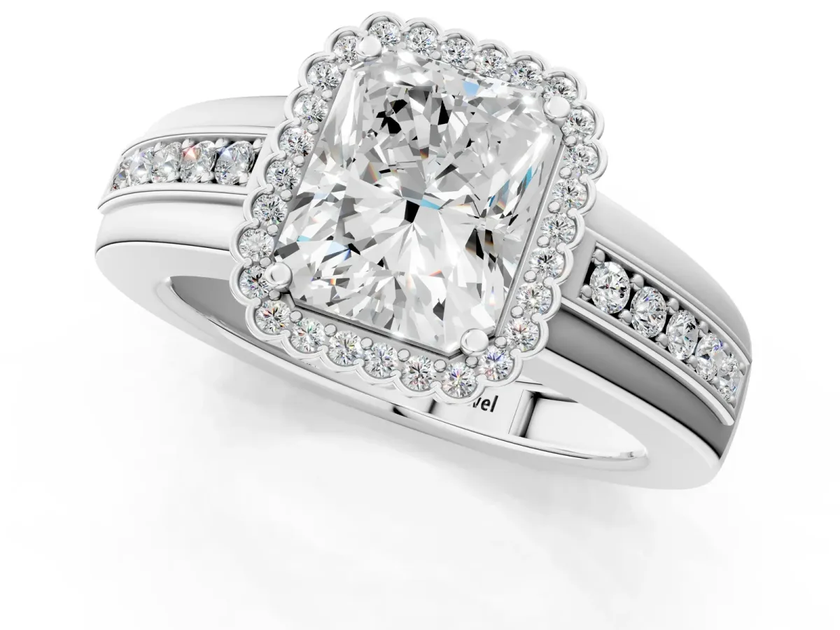 Radiant Cut Cut Halo Pave Band Four-Prong Ring Platinum
