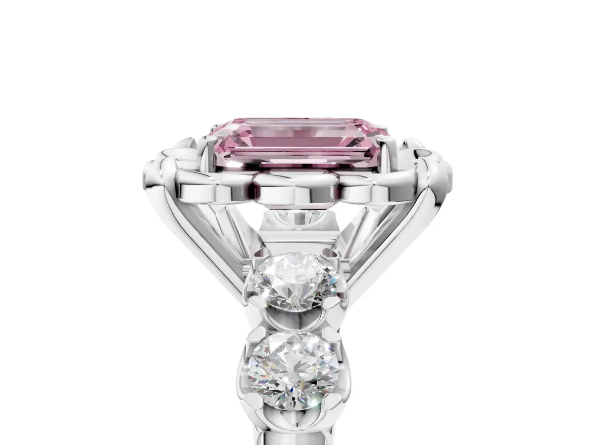 Fancy Pink Emerald Cut Cut Diamond Floral Halo Engagement Ring with Shared Prong Setting Silver