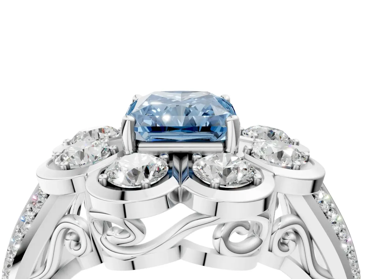 Fancy Blue Radiant Cut Brilliant Flower Halo Diamond Split Shank Ring Platinum