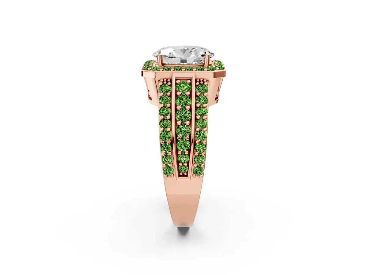 Oval Cut Halo Diamond Ring with Round Peridot Split Shank and Prong Setting Rose gold