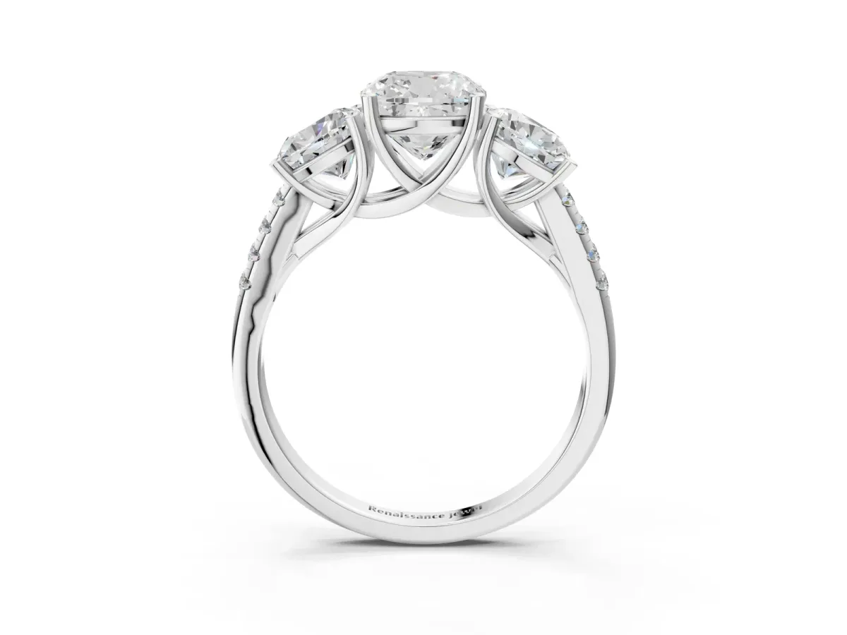 Three-Stone Cushion Cut Diamond Ring with Round Moissanite Pavé Band and Prong Setting Silver