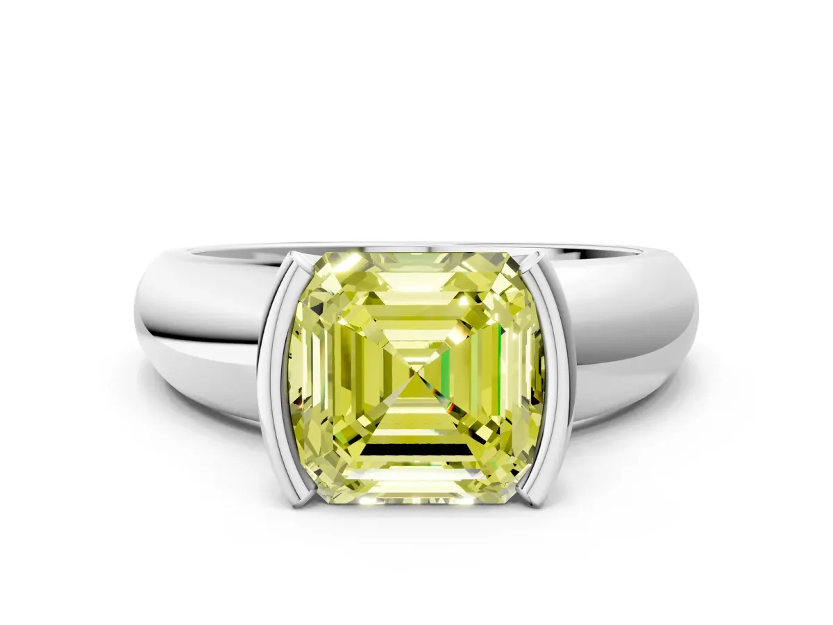 Fancy Yellow Asscher Cut Solitaire Tension Set Diamond Ring with Wide Band Platinum
