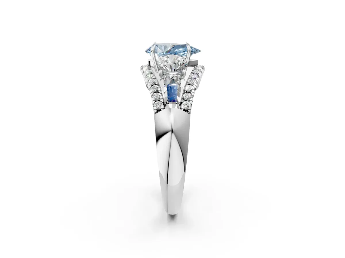 Fancy Blue Three-Stone Pear Cut Diamond Engagement Ring with Pave Band and Prong Setting Platinum