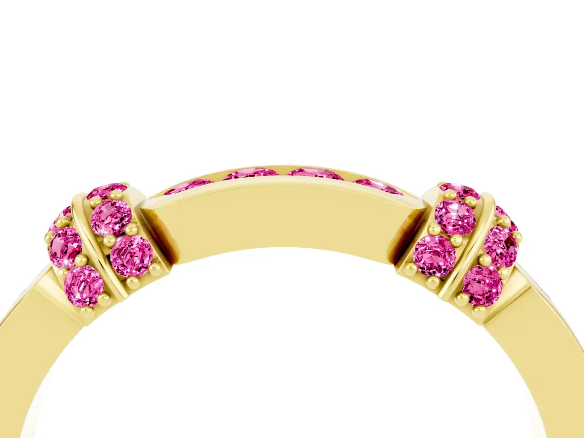 Pavé Round Pink Sapphire Link Band with Bezel Setting Yellow gold
